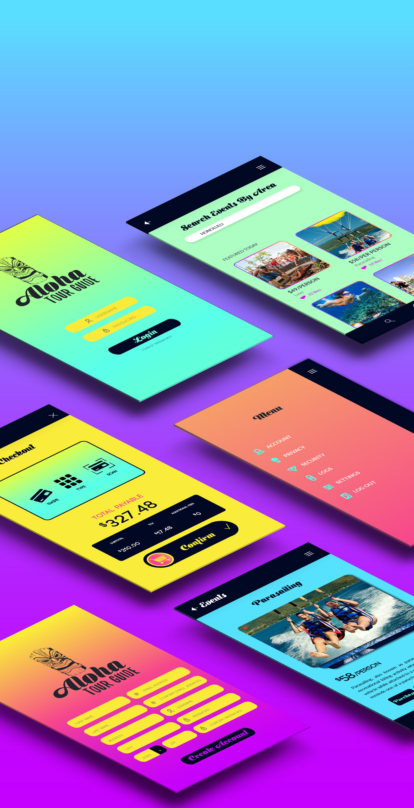 neon HAWAII app ui ux Adobe XD Tropical branding  tour guide graphic design  IOS and ANDROID