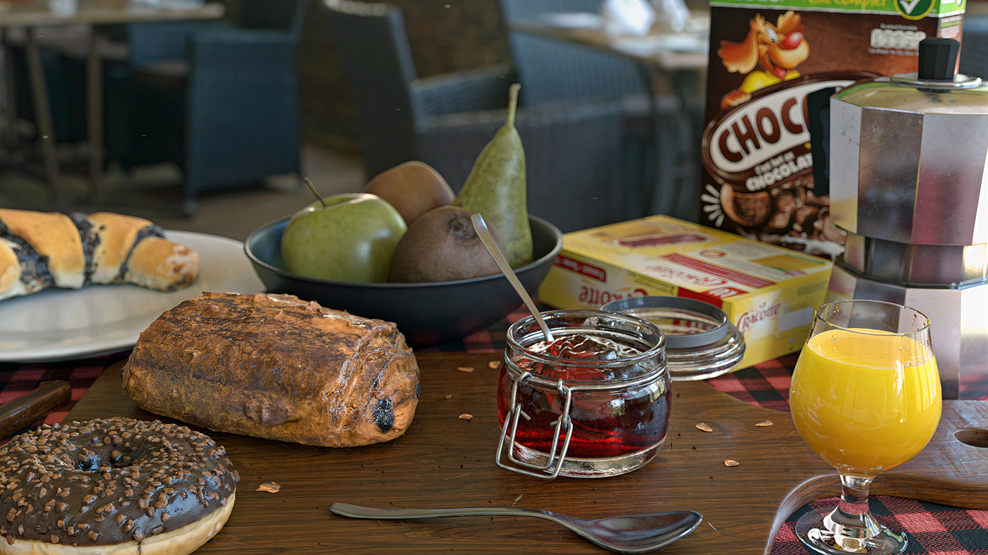CGI visualization Render breakfast Food  Fruit juice Packaging Advertising 