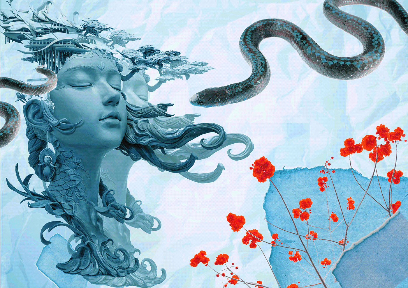 blue sculpture snake flower oldpaper girl mind think