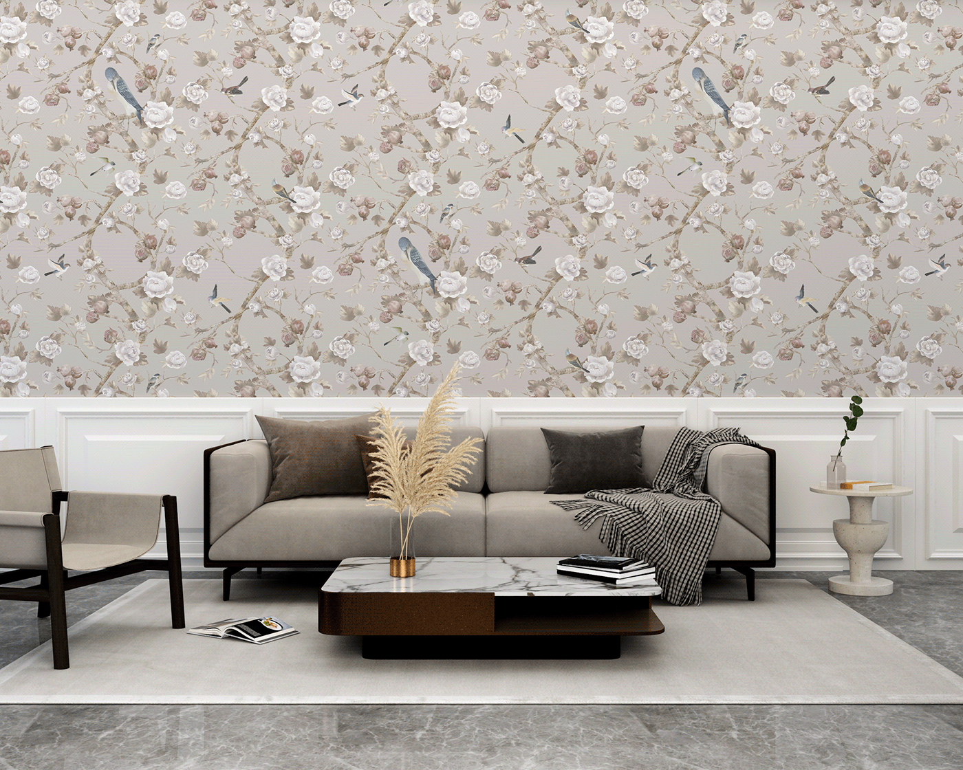 Wallpaper design pattern design  textile print chinoiserie birds trees Surface Pattern interior design  roses blossom