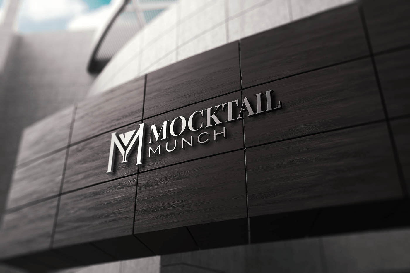 3d mockup of a letter m and drink minimalist logo design on store front
