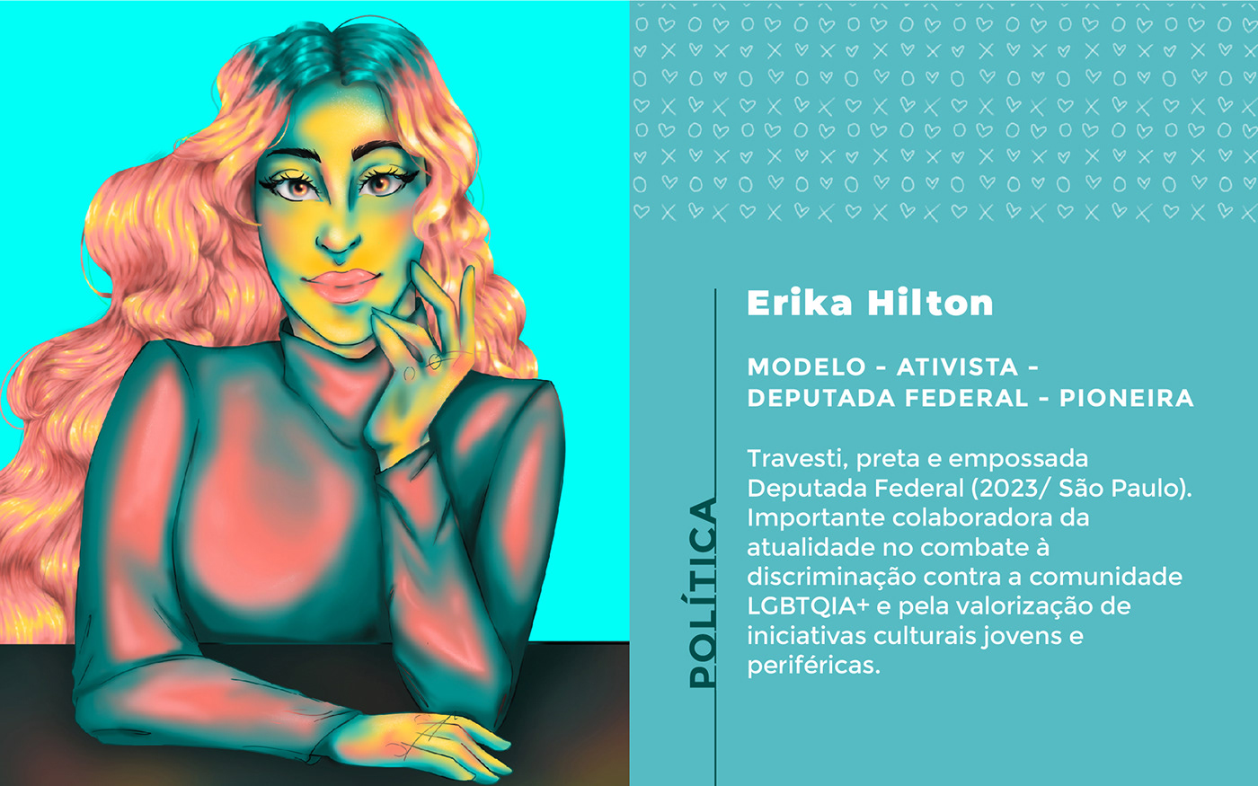An illustrated portrait of Erika Hilton an important transgender politic in Brazil.
