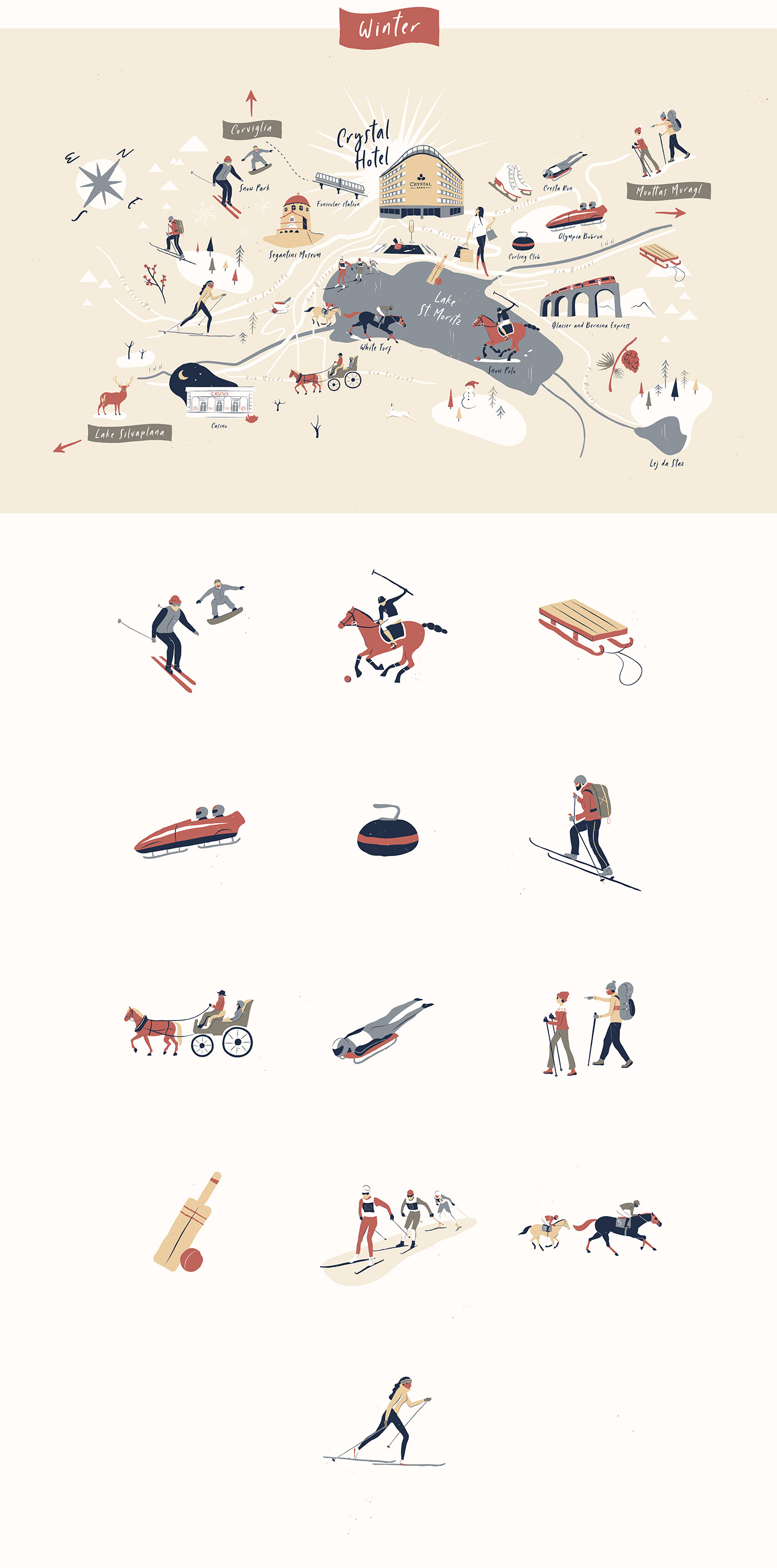 Illustrated map of most interesting activities to be enjoyed during wintertime in St. Moritz