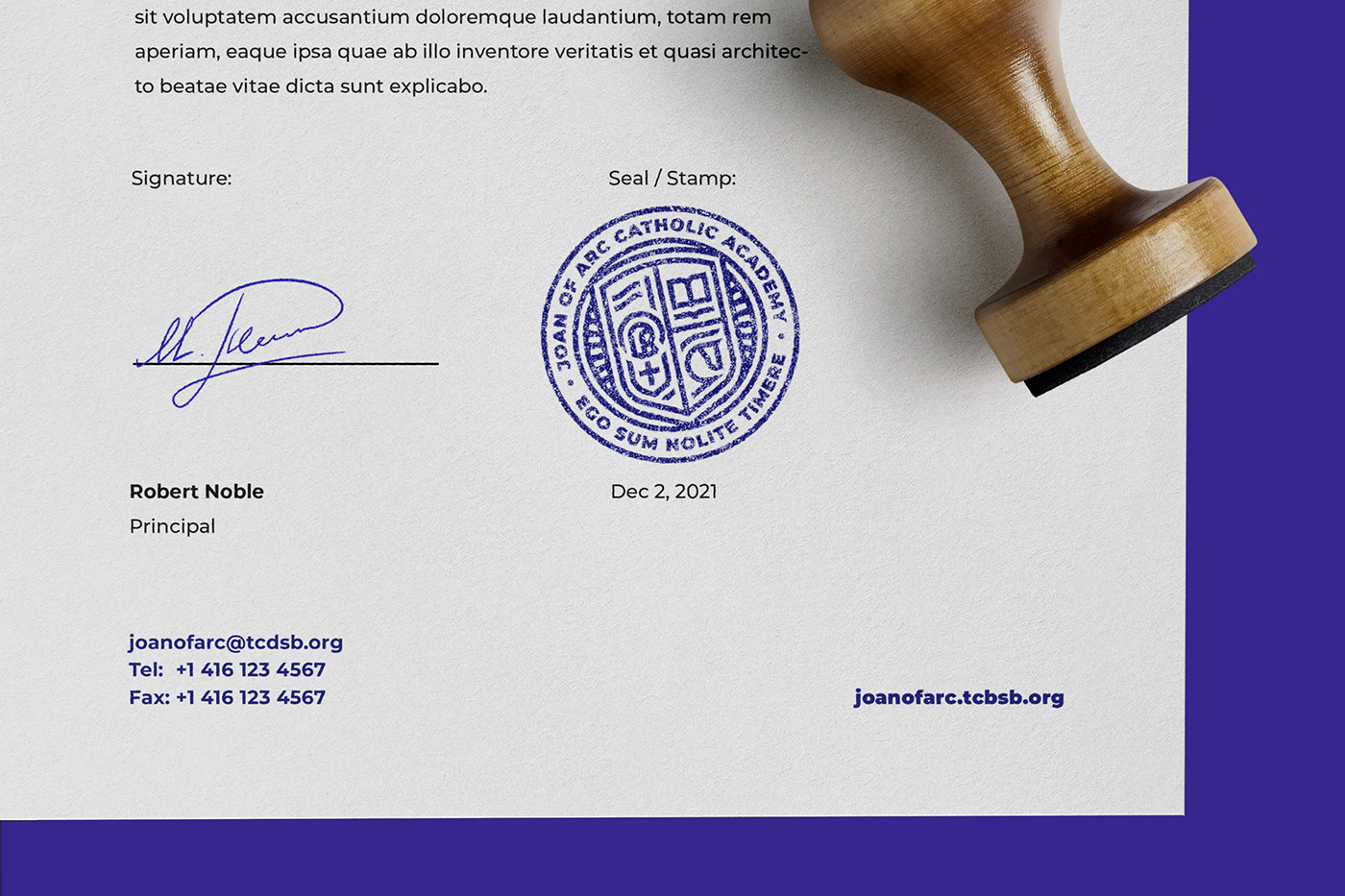 Branded collateral including close up shot of Joan of Arc brand seal in blue ink