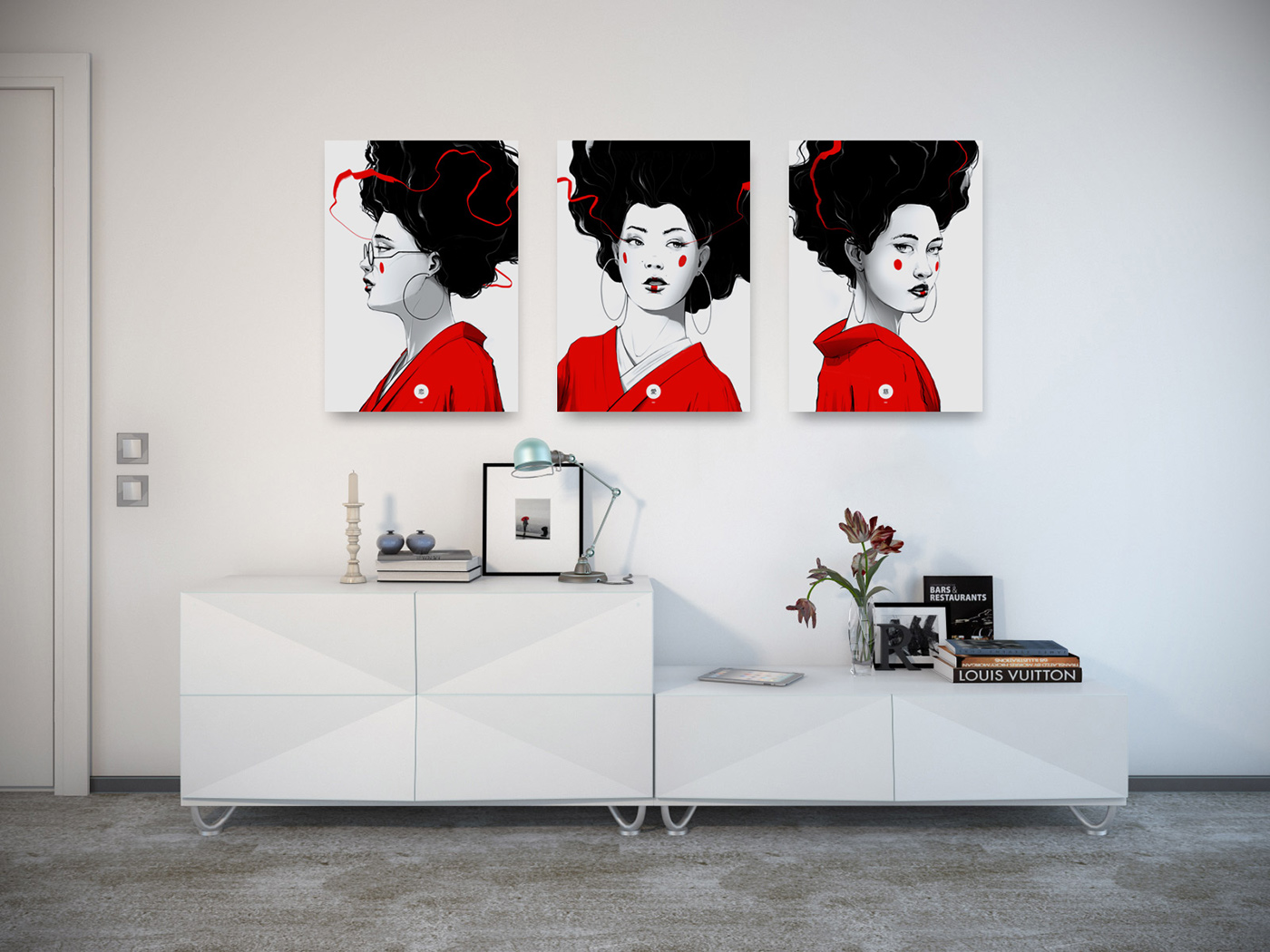 girl portrait ILLUSTRATION  geisha face japan Triptych series