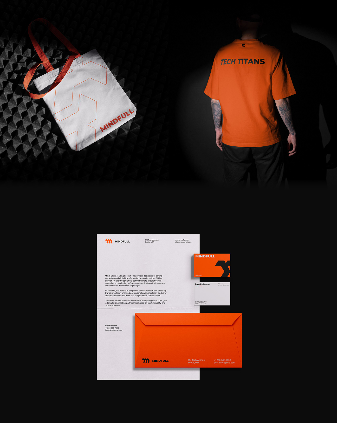 orange T-shirt and a shopper bag with abstract logo.staff uniform,brand documentation, business card