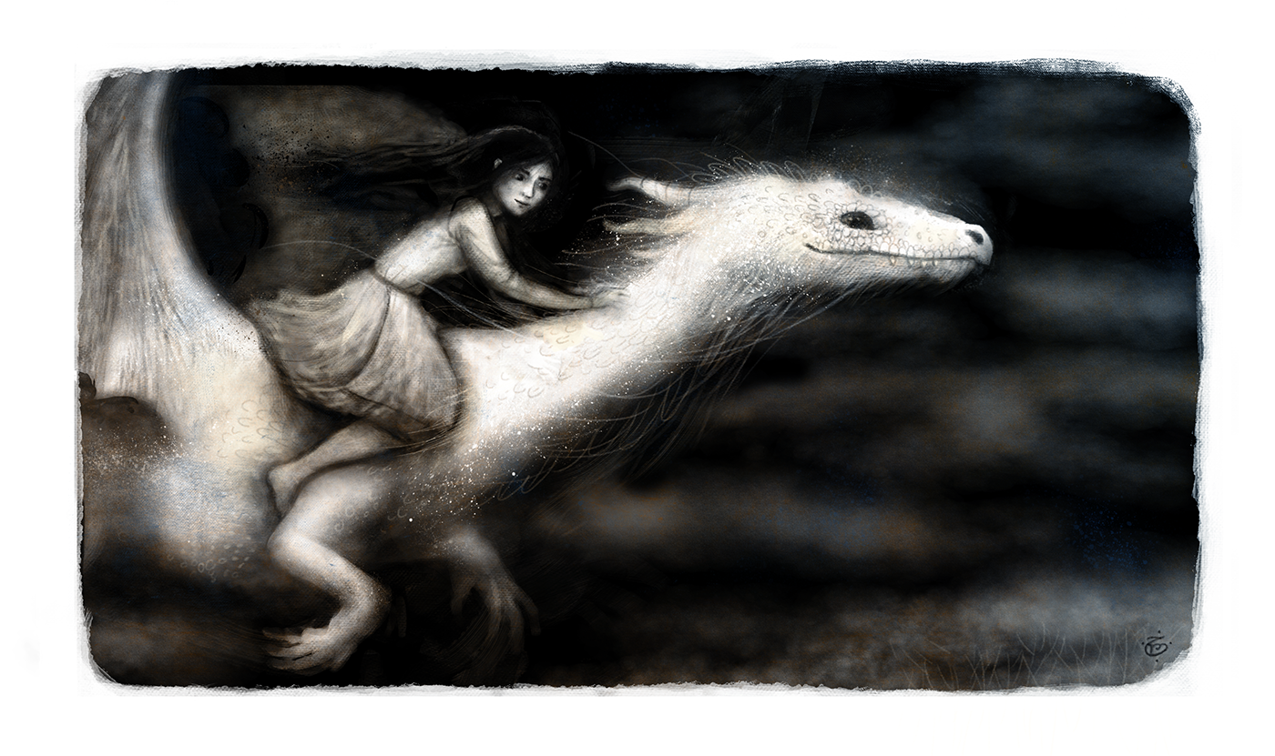 book dragon girl woman. white bw mystical creature trees fairy tale