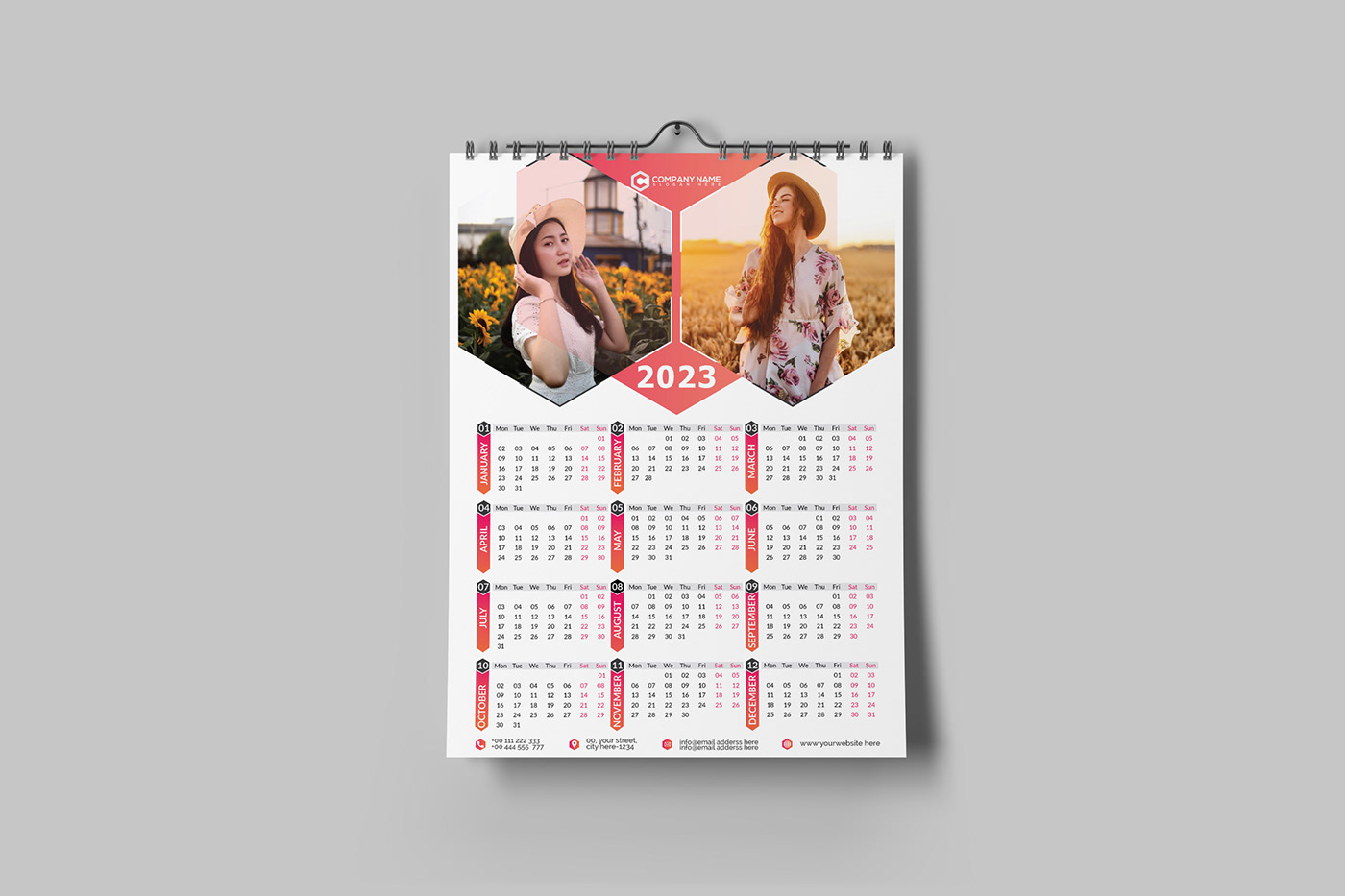 Wall Calendar 2023 - One Page Calendar Design - Single Page Calendar - 12 months Calendar