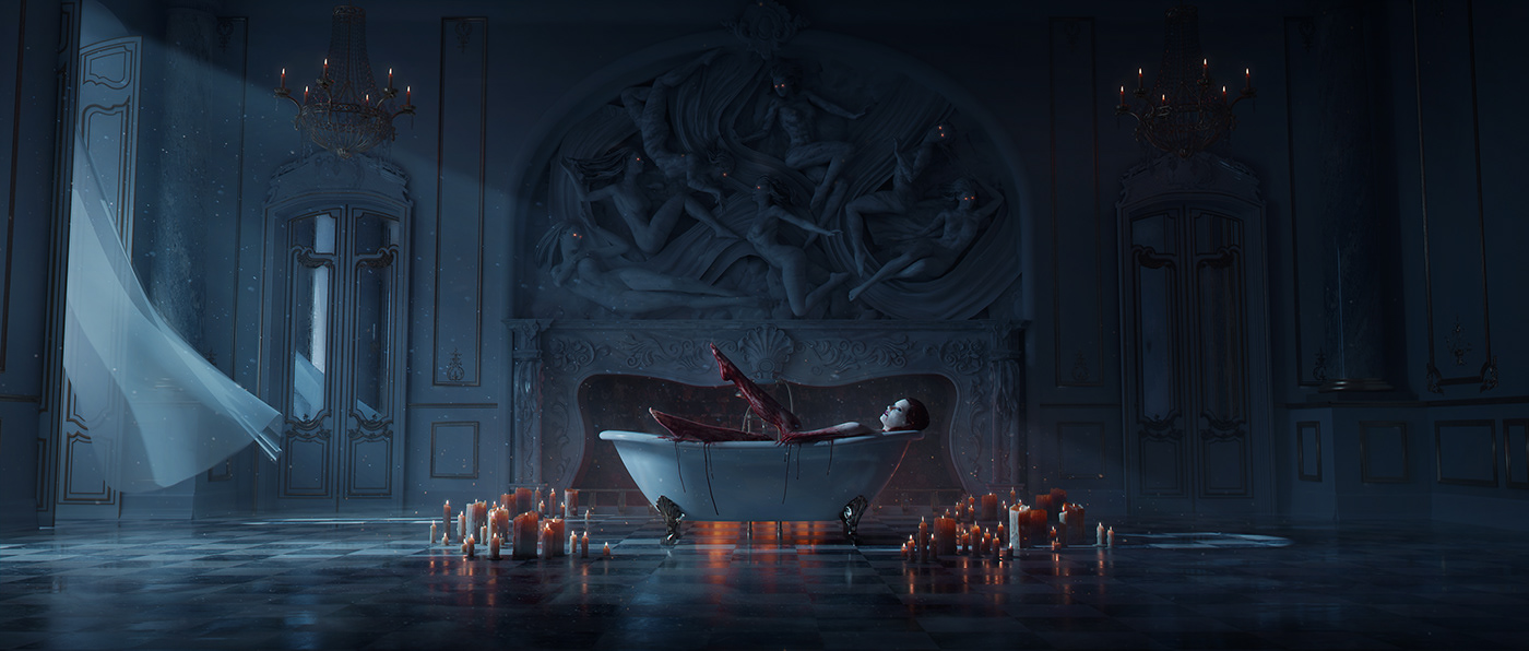 bath blood Castle concept art digital illustration Interior night painting   vampire woman