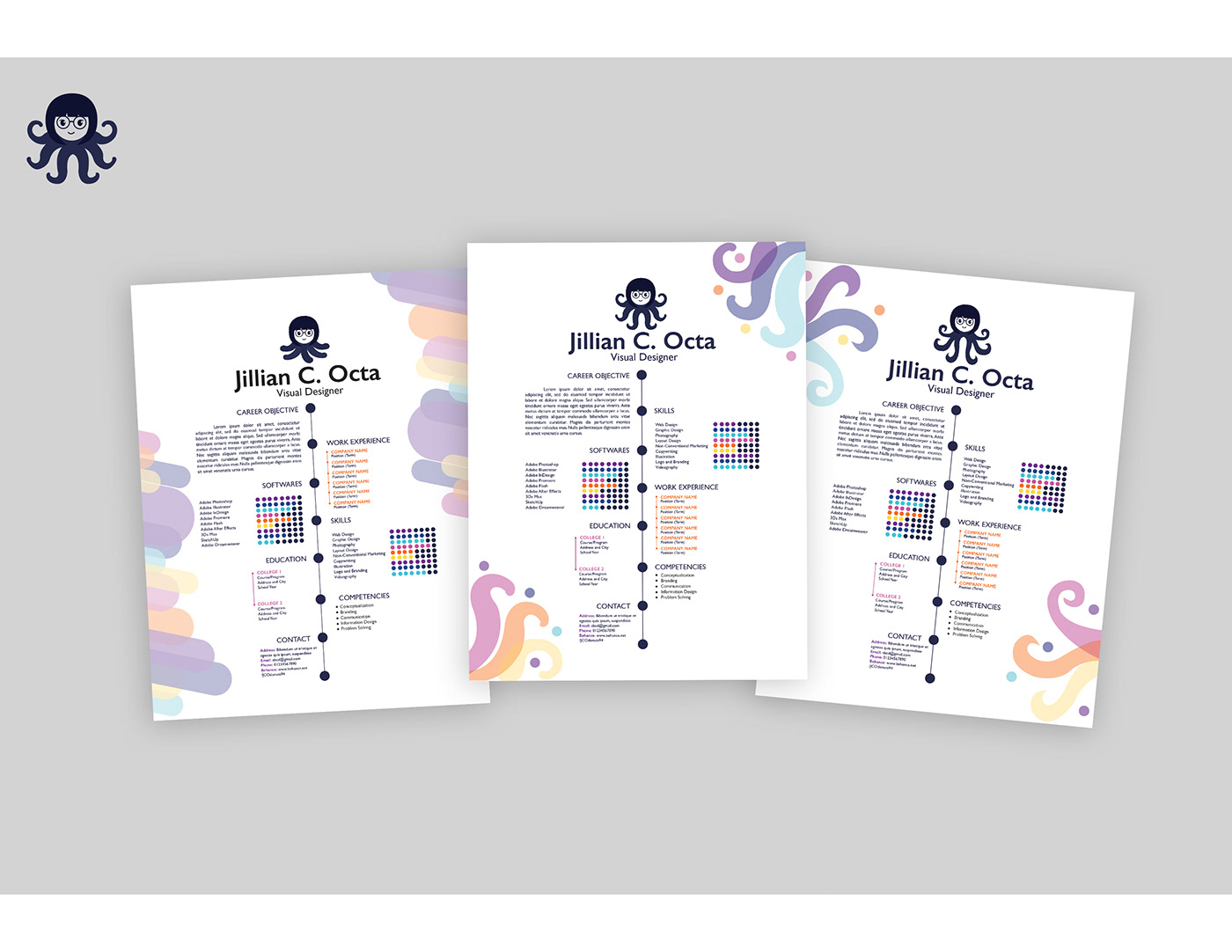 Branding. business card colorful Concepts. conceptualization design thinking Layout art. octopus portfolio. Resume