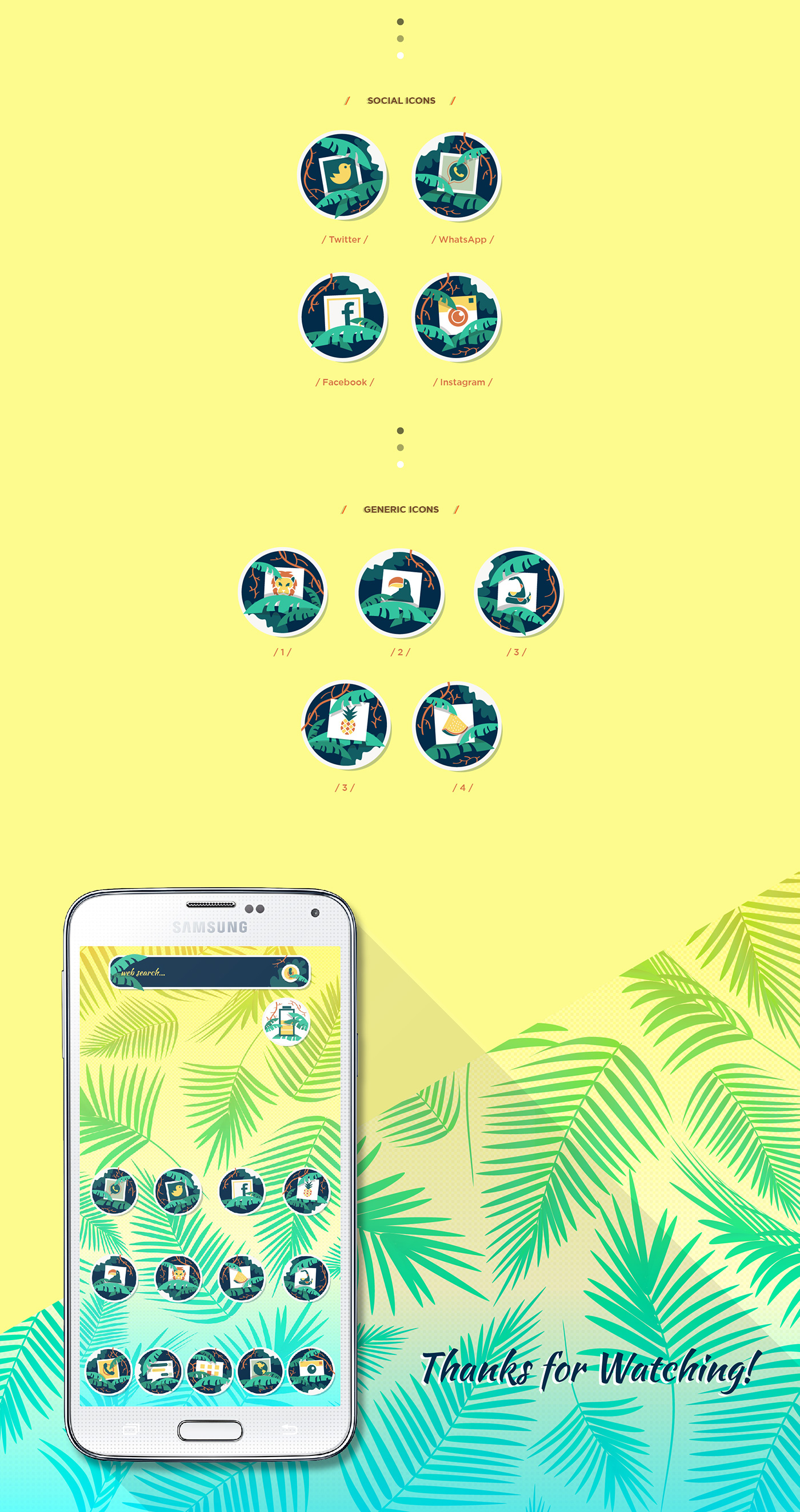 Tropical jungle clean mobile Theme yellow green minimalist Nature UI icons widgets