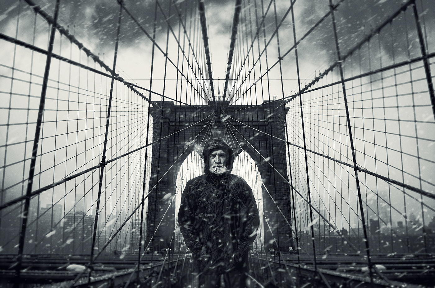 angel architecture Brooklyn Bridge conceptual conceptual art duotono new york city one person snow stranger