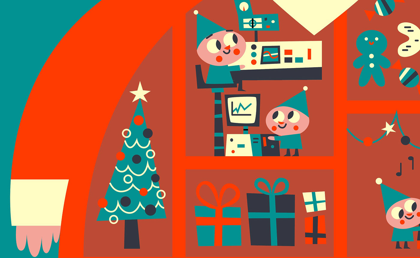 Christmas elves flat illustration holidays ILLUSTRATION  Presents Retro Santa Claus vintage