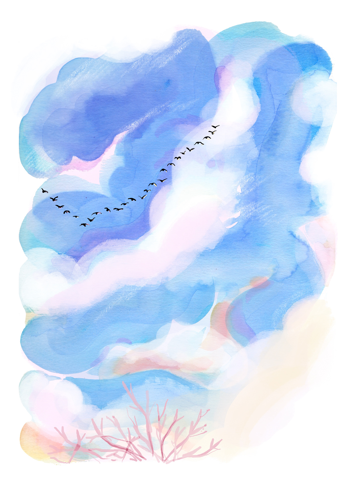 Nature birds SKY feeling watercolor ink Drawing  painting  