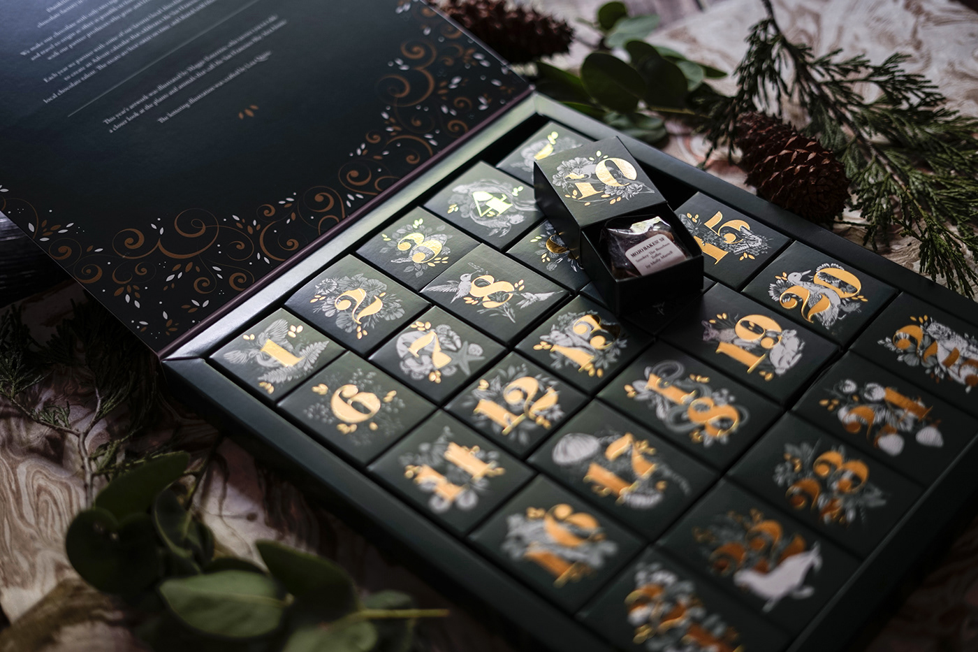 ILLUSTRATION  package design  branding  floral illustration Nature gold foil pattern chocolate packaging Consumer Packaged Goods lettering