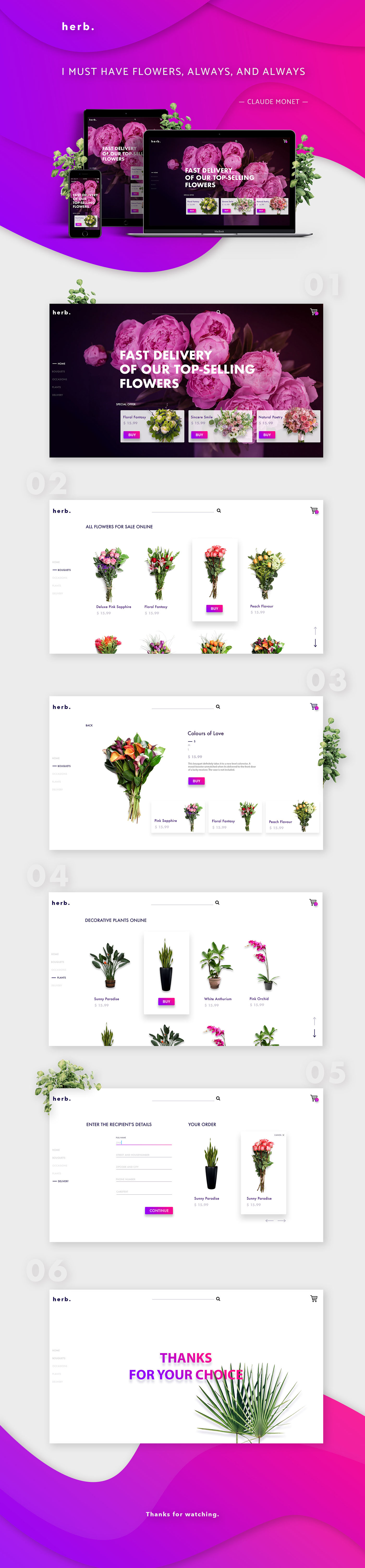 online store ux ui designe Web Design  clean colors pink Flowers UserInterface one page scroll