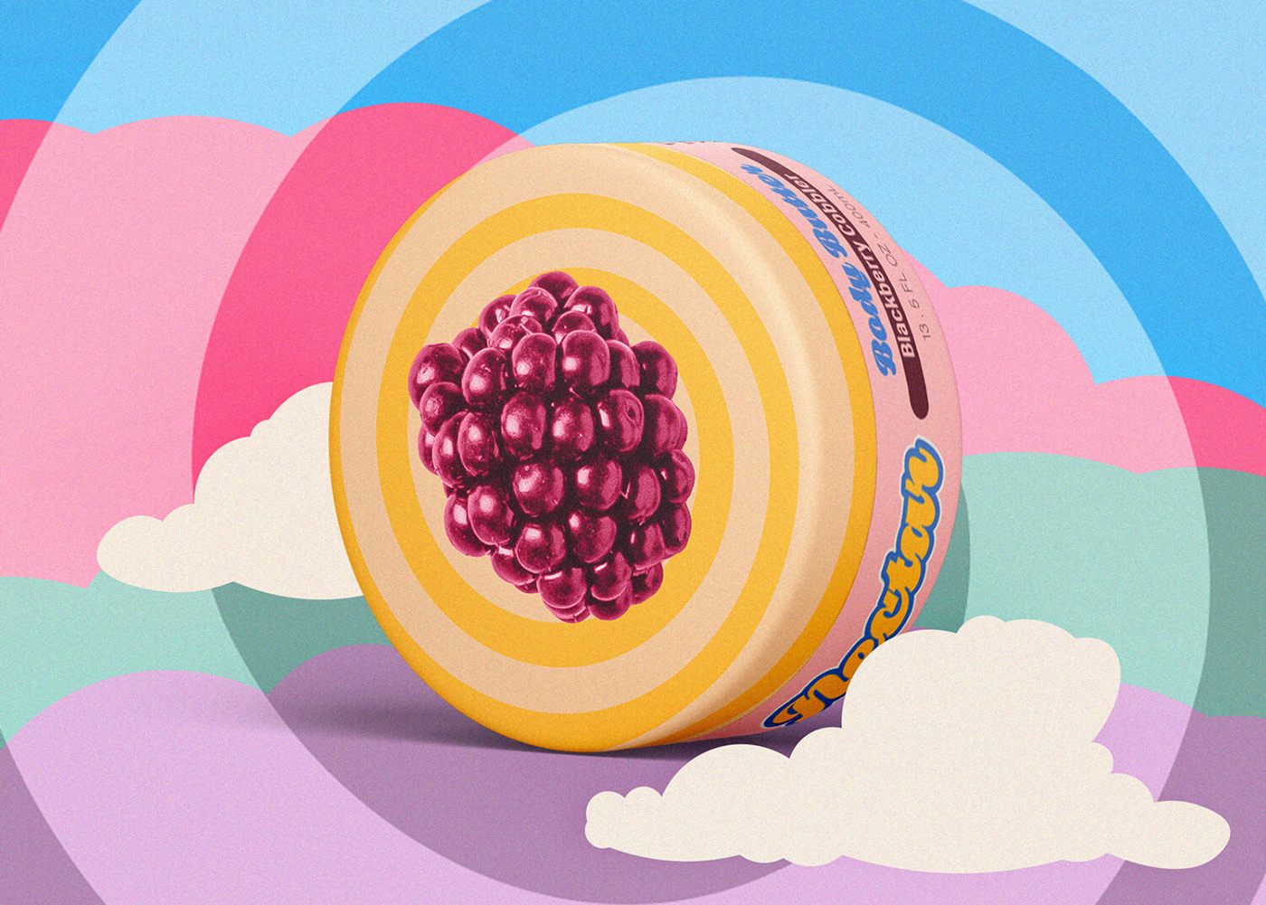 A body butter jar mockup with colorful swirls and clouds.