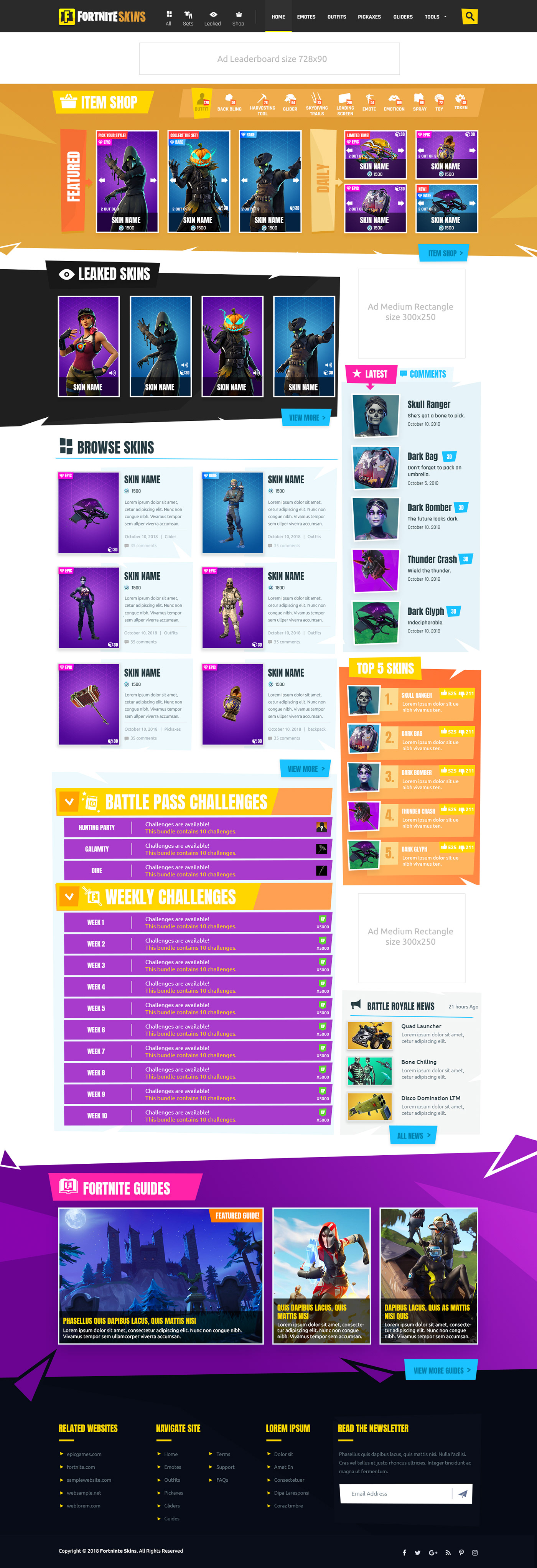 Fortnite Gaming videogame Website Web Design  graphic design  UI/UX skins cartoonish esports
