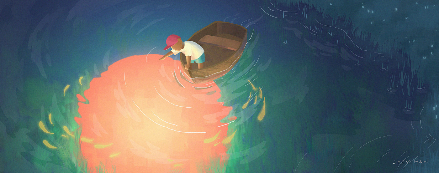 Shooting Star boat children's book water glow digital illustration Environment design