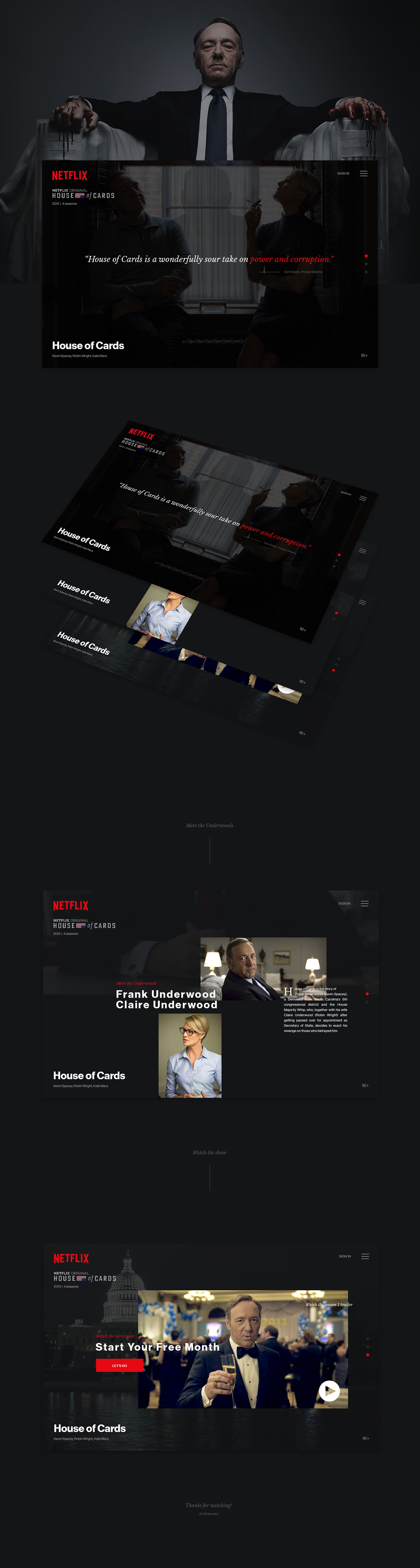Netflix Houseofcards tvshow Website Web UI ux dark black red clean redesign spacey kevin Kate