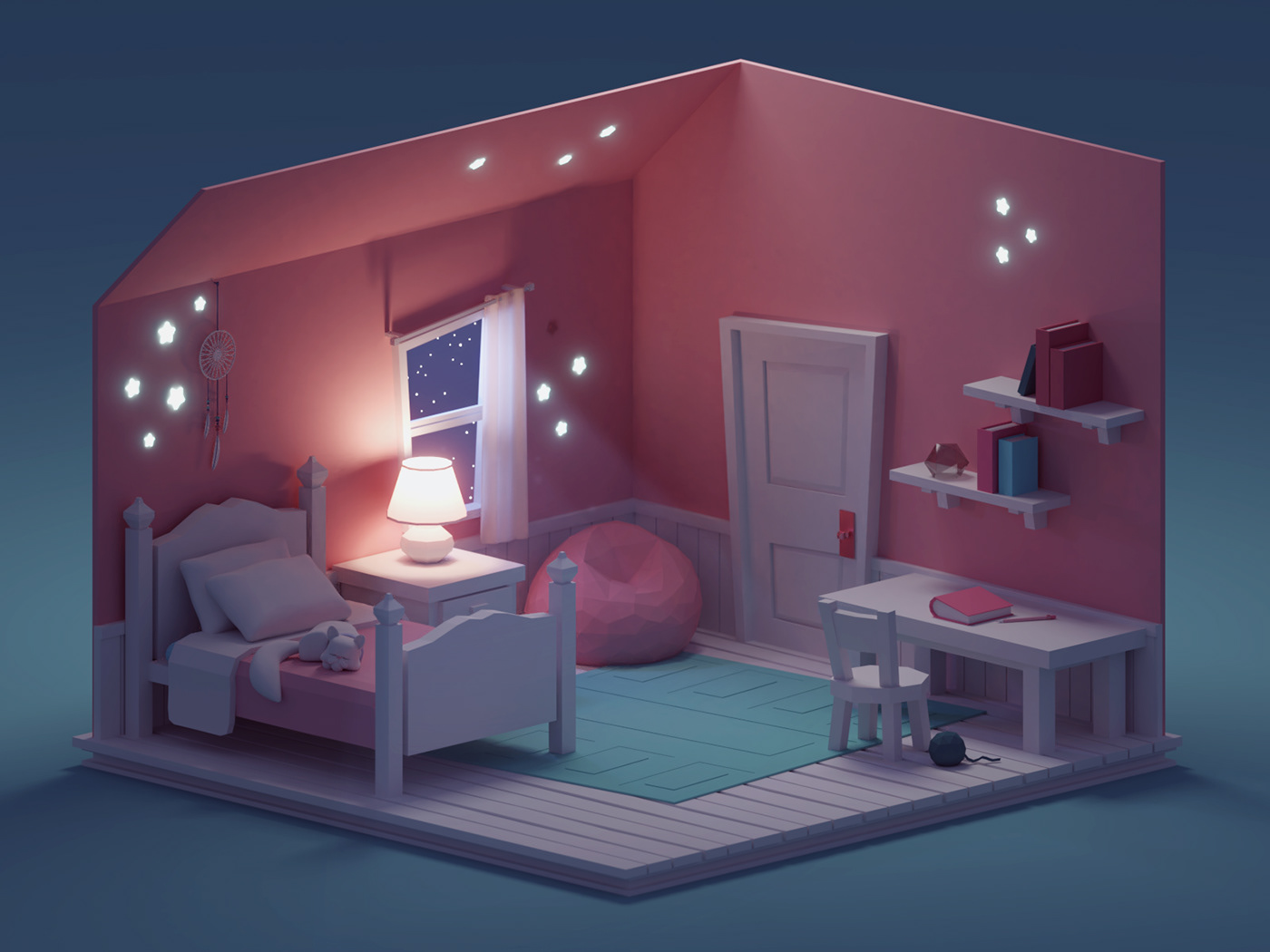 blender b3d Isometric Low Poly room pink sleep night stars