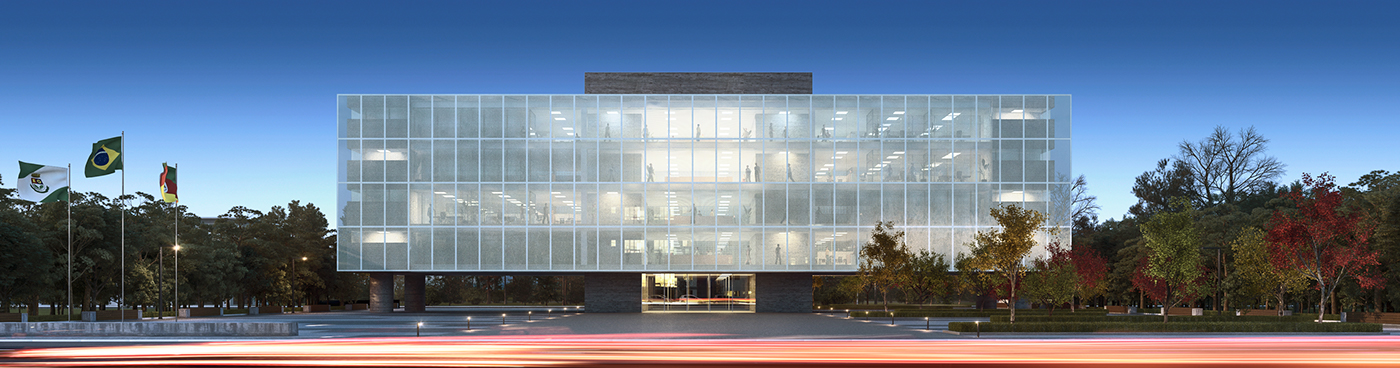 Render 3D Administrative center building sunlight night view modernism
