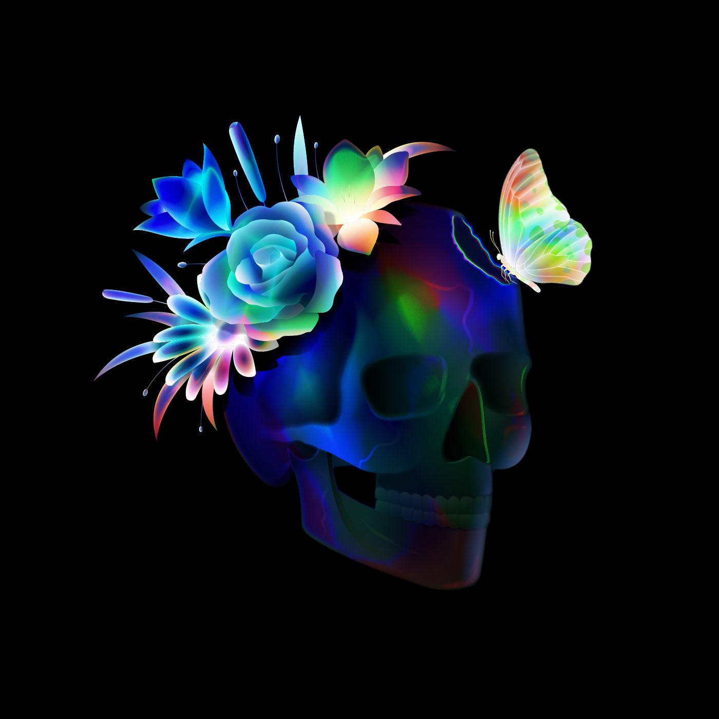 chrome floral Flowers futuristic holographic Love skull Cover Art cover design edm