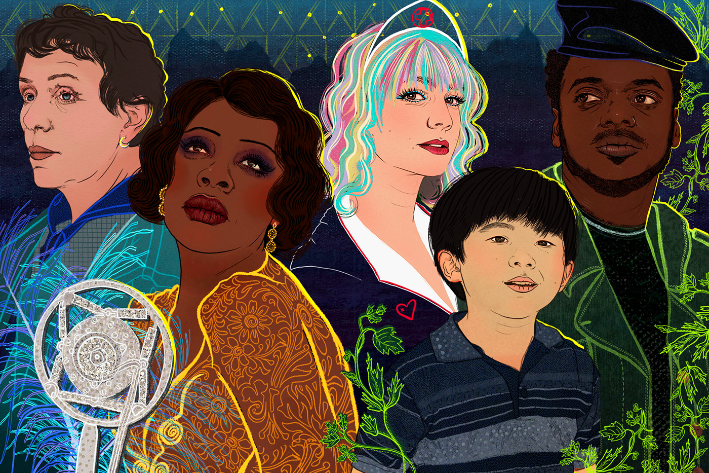 Illustration of 2021 Oscar nominees by Ariana Pacino for Los Angeles Times