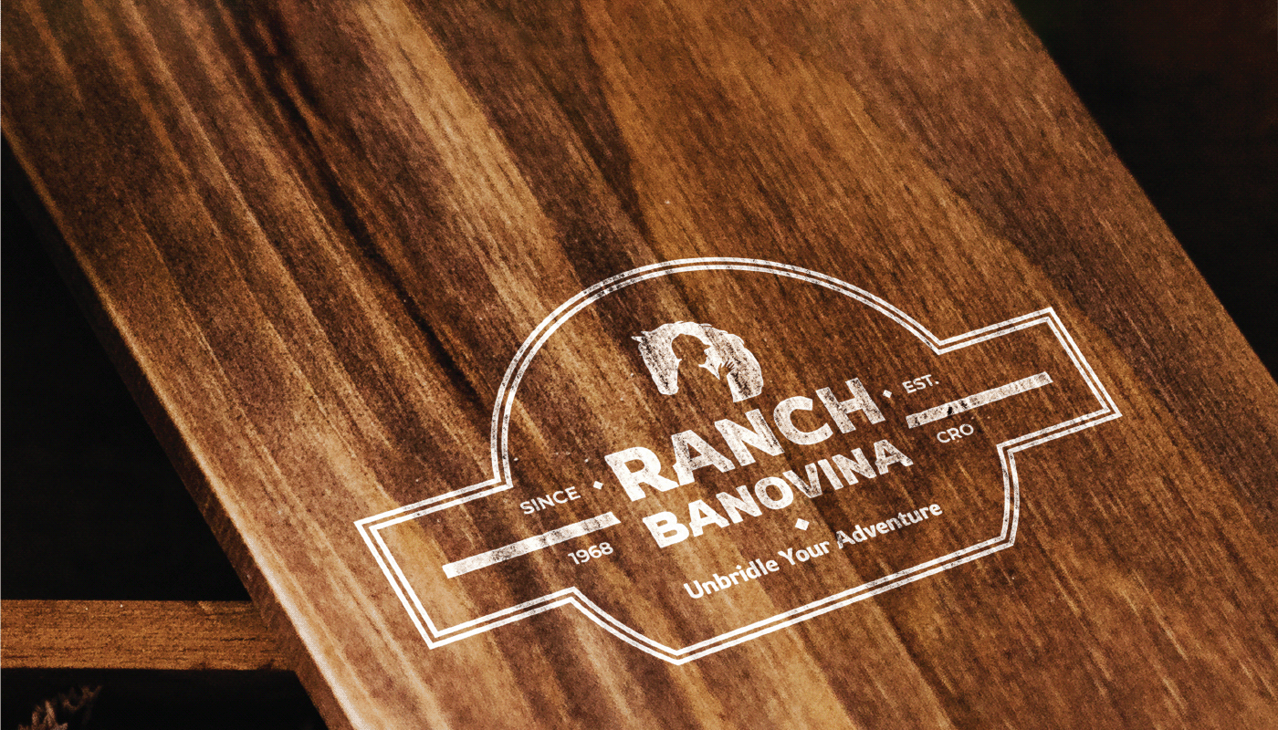 Traditional logo variation for Ranch Banovina - realistic wooden mockup