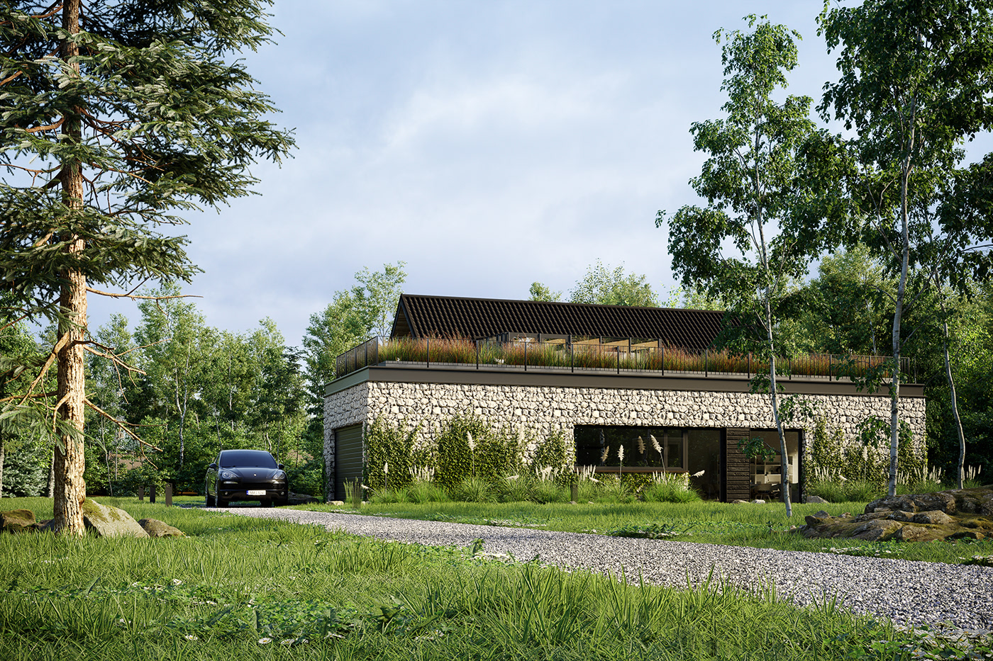 CGI daylight exterior facade house Landscape modern Outdoor stone wood