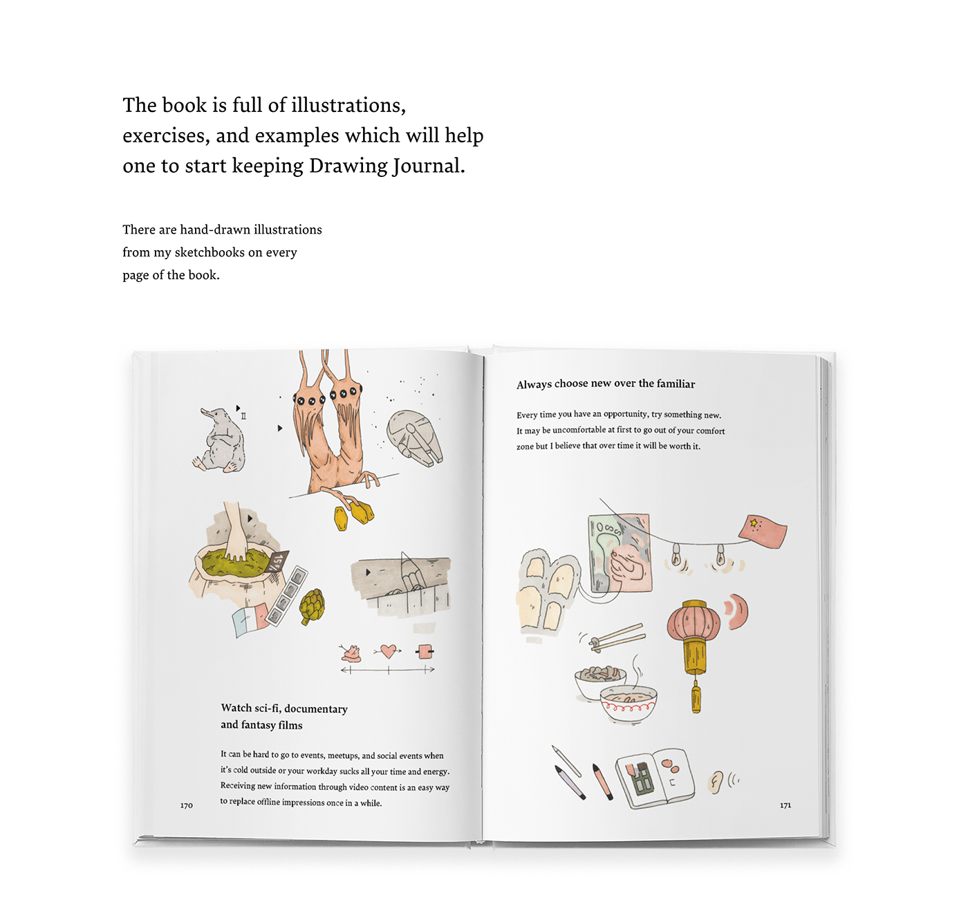 Text and  opened book with drawings