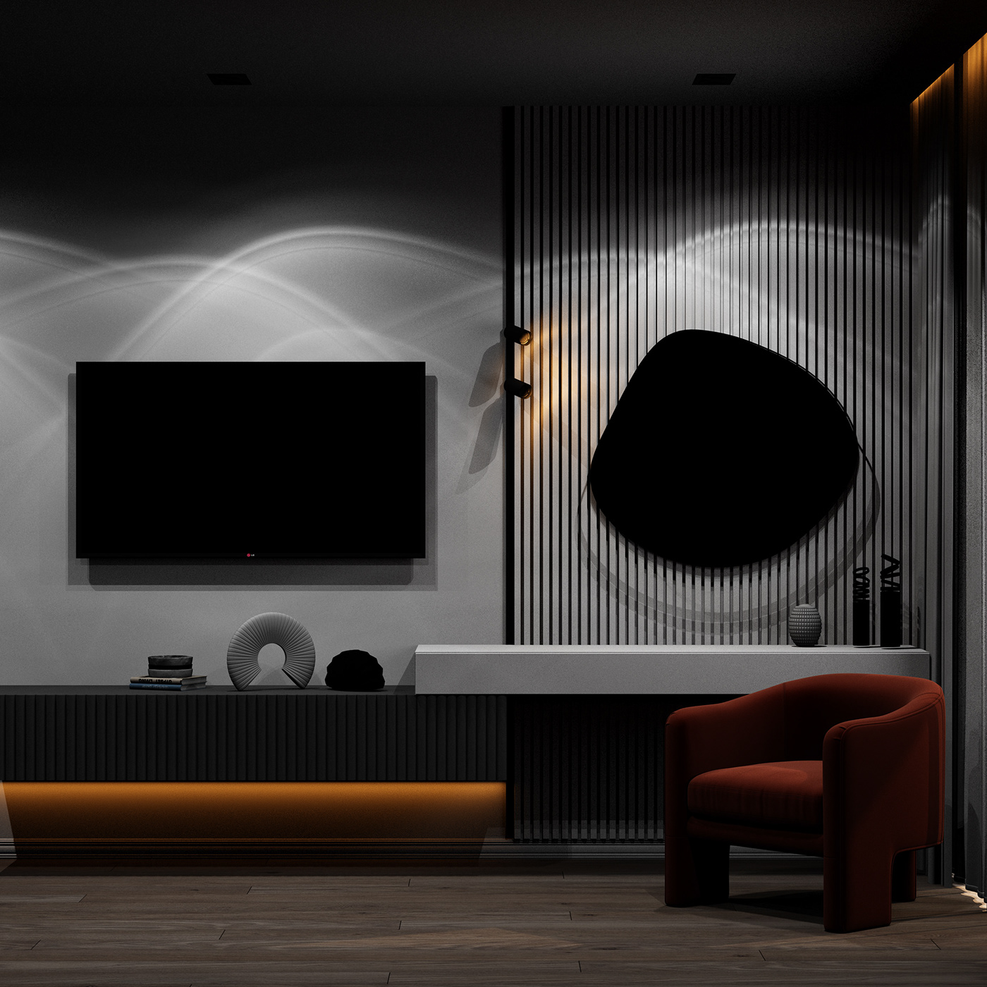 wall Interior design cozy mirror black and white interior design  vray modern minimal