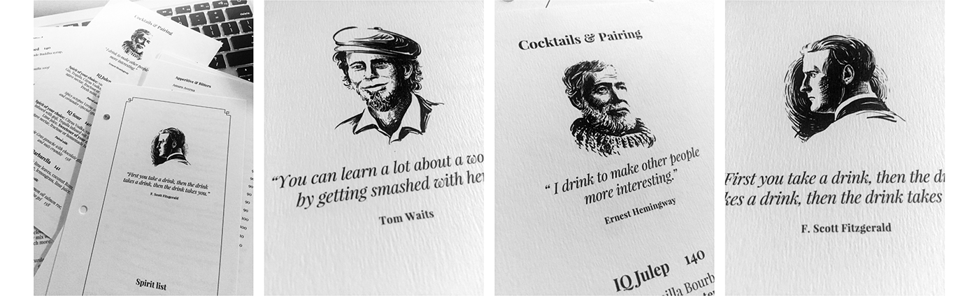 alcohol bar engraving ink inking menu portrait print sketch