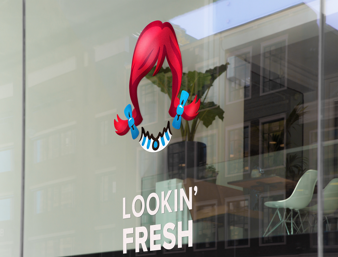 Mockup of ad sticker displayed on window. Passersby would be able to see their reflection in it.