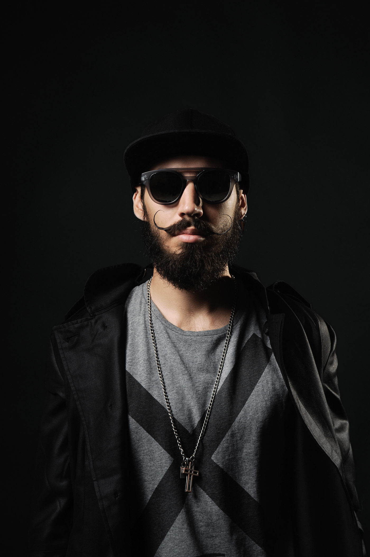 beard moustache bowler hat hat Sunglasses man portrait dark black studio