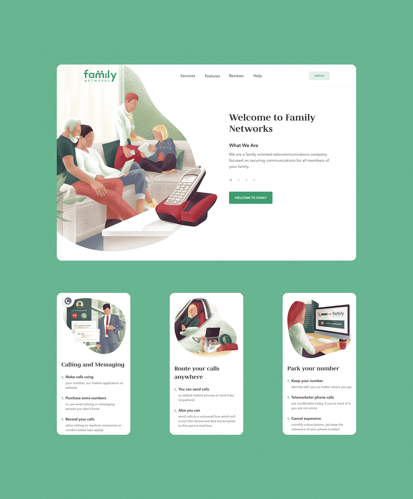 communications cozy family green minimalistic Platform product UI ux Webdesign