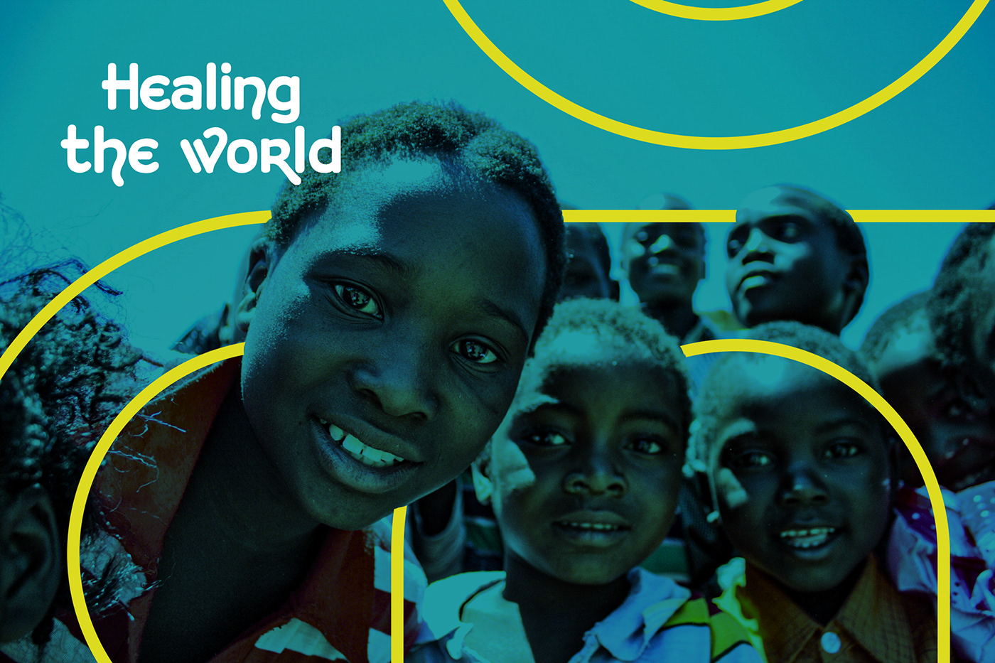 image contains the brand tagline and an images of African children