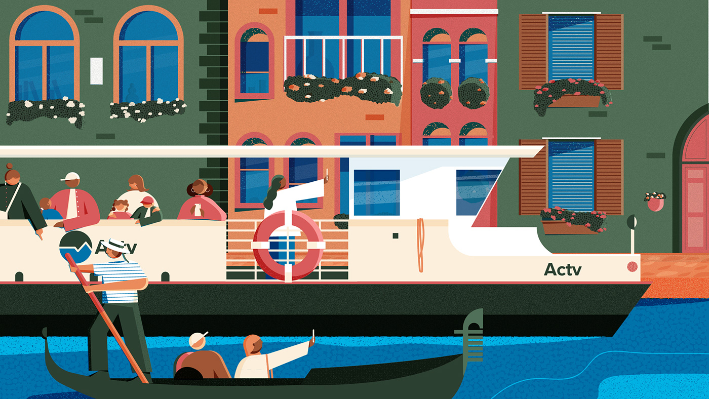 ILLUSTRATION  editorial Header Spots characters Italy gondola canal Venice