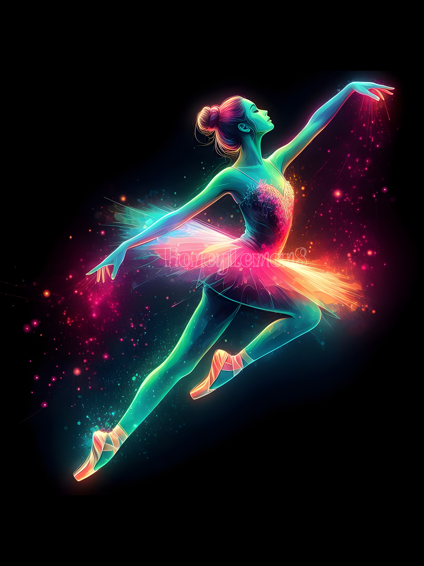A ballet dancer glows in the dark, surrounded by neon colors that create a stunning visual effect.