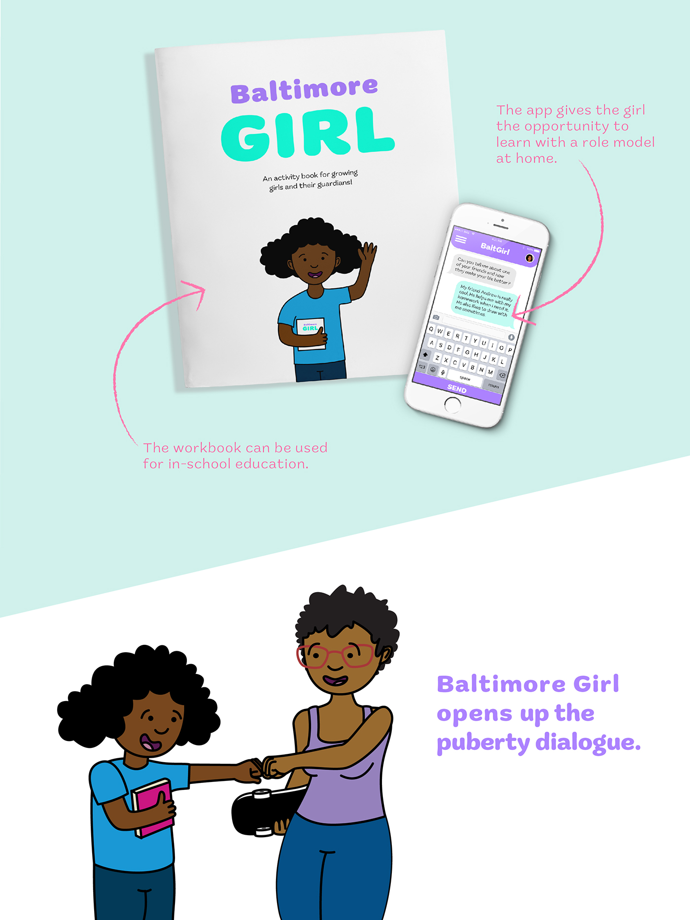 Education puberty girls social design community Elementary School Baltimore app design publication design