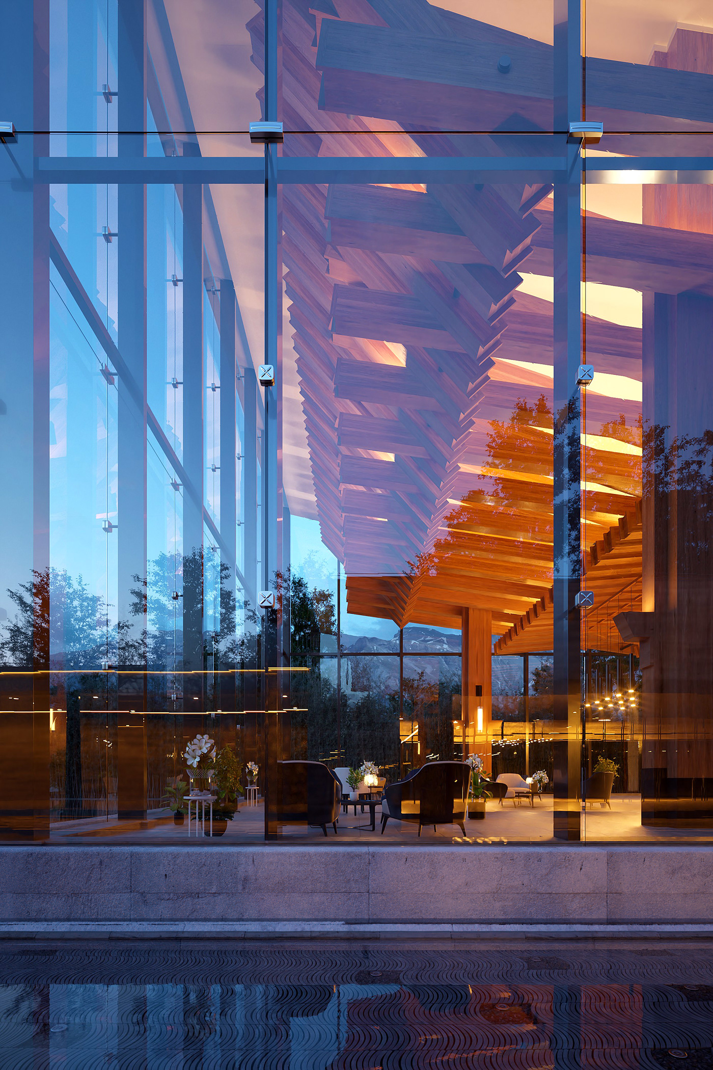 architecture blue hour CGI design digital architecture exterior glass pavillion real estate Renderings