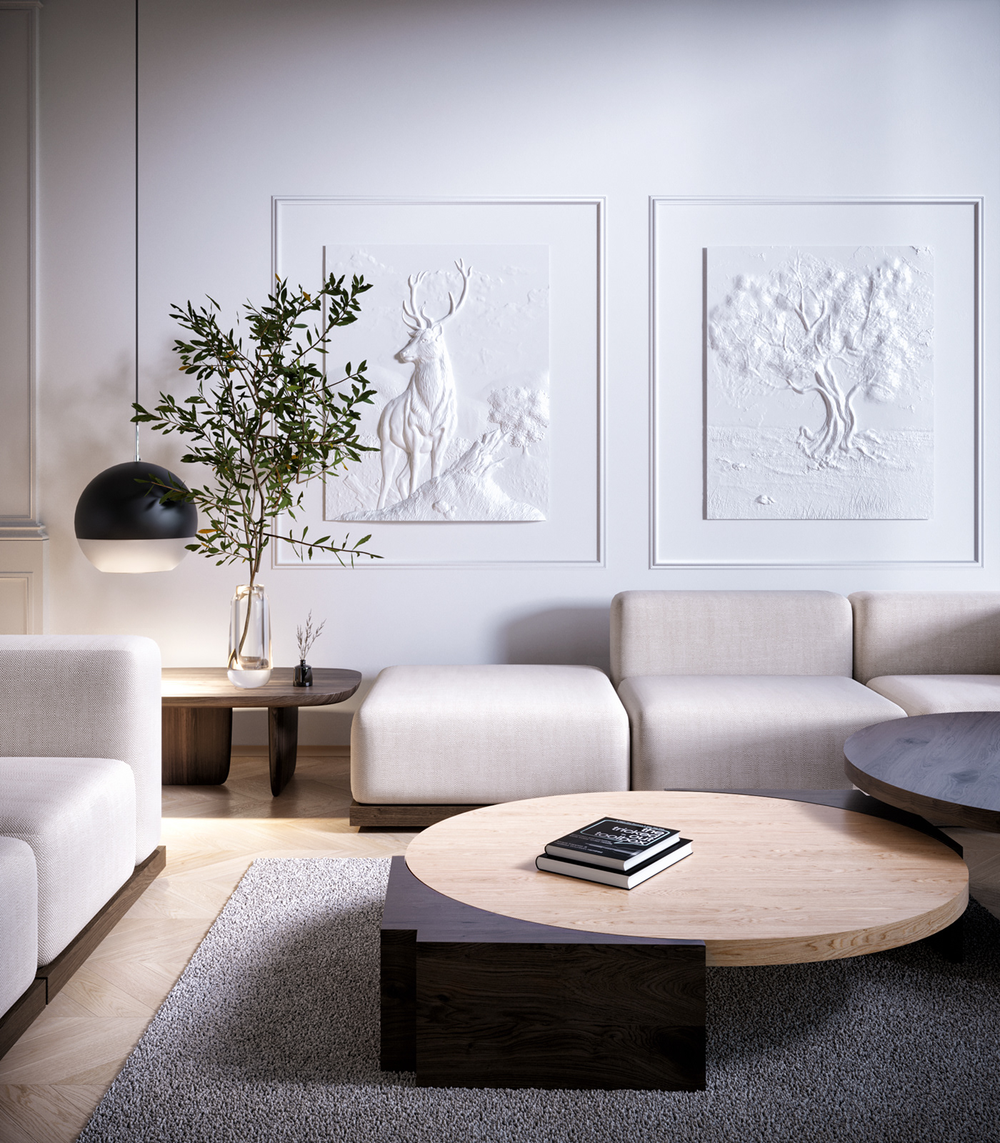 3D architecture beige interior design  light living room purple White archviz modern