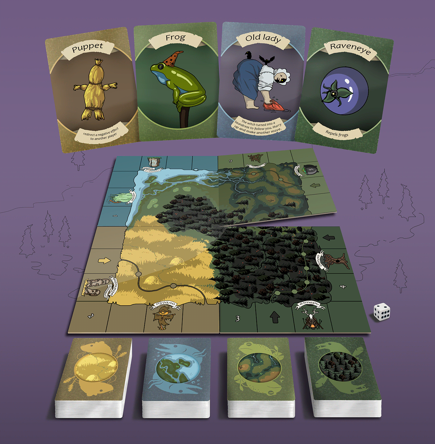 The Witch Roads board game. Design of map and playing cards.