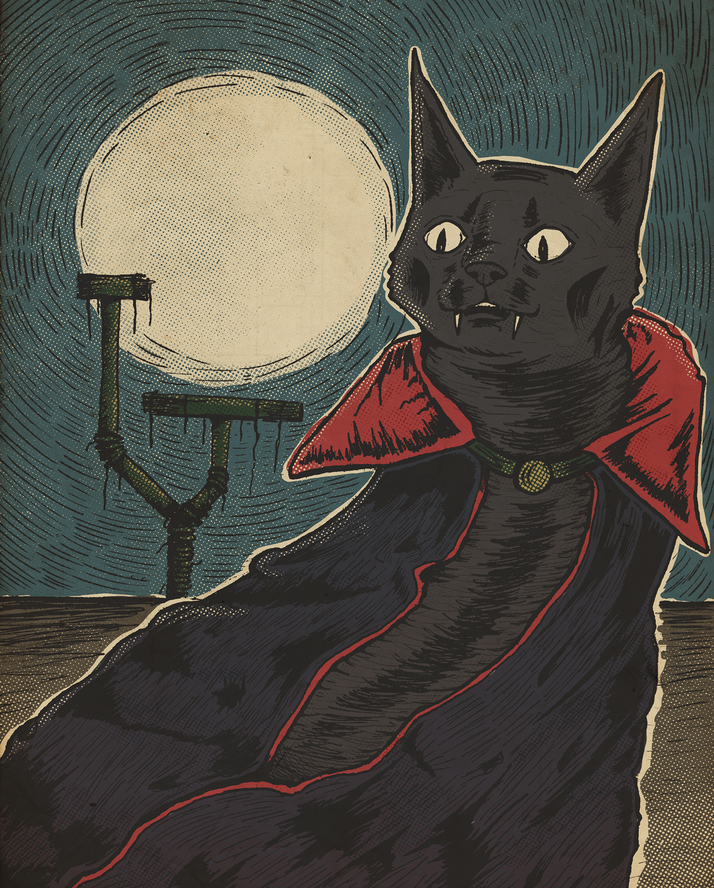 vintage Gato vampiro ILLUSTRATION  vampire Cat noche arte retro style Poster Design