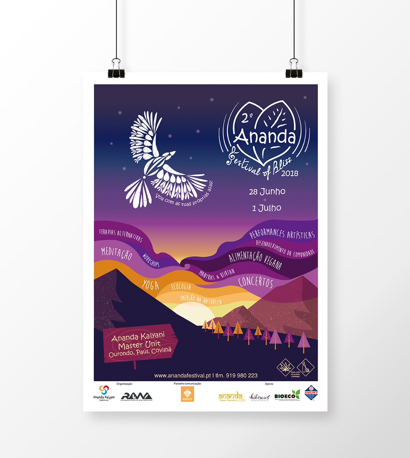 Event poster Sustainable festival ananda ILLUSTRATION  Nature sunset trees clouds