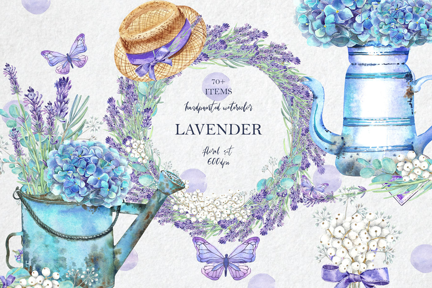 blue flowers floral clipart French hydrangeas lavender lilac Provence watercolor