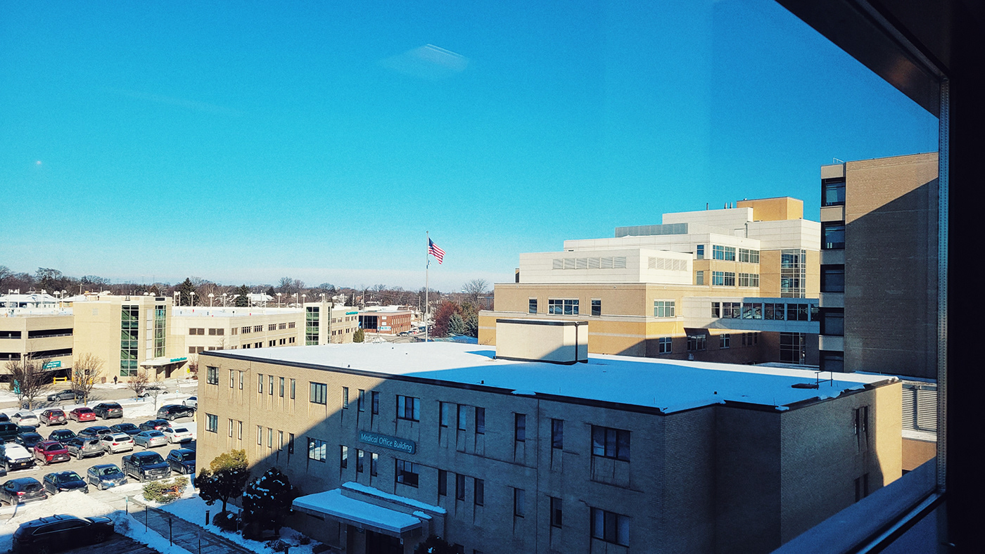 Milwaukee Wisconsin architecture building winter Urban hospital medical center american flag West Allis