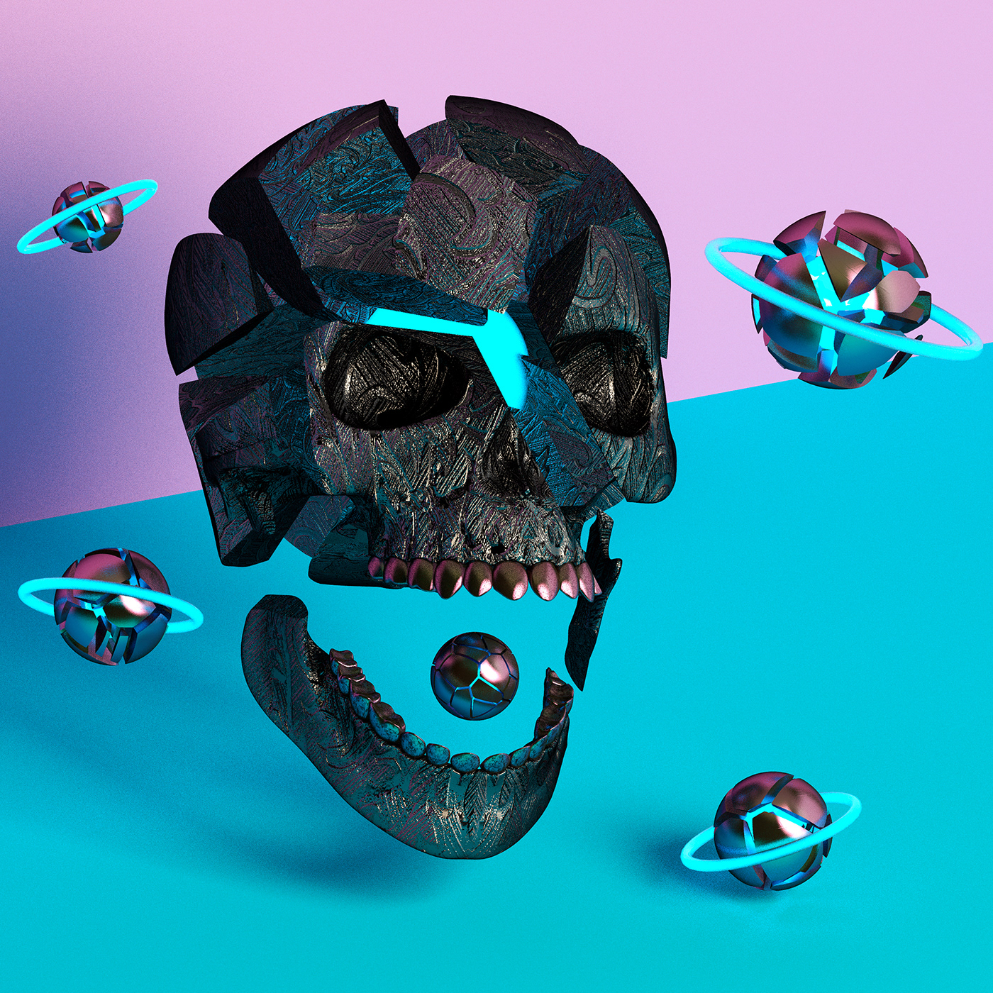 c4d adobe abstract 3D skull fluid metal gold neon vivid