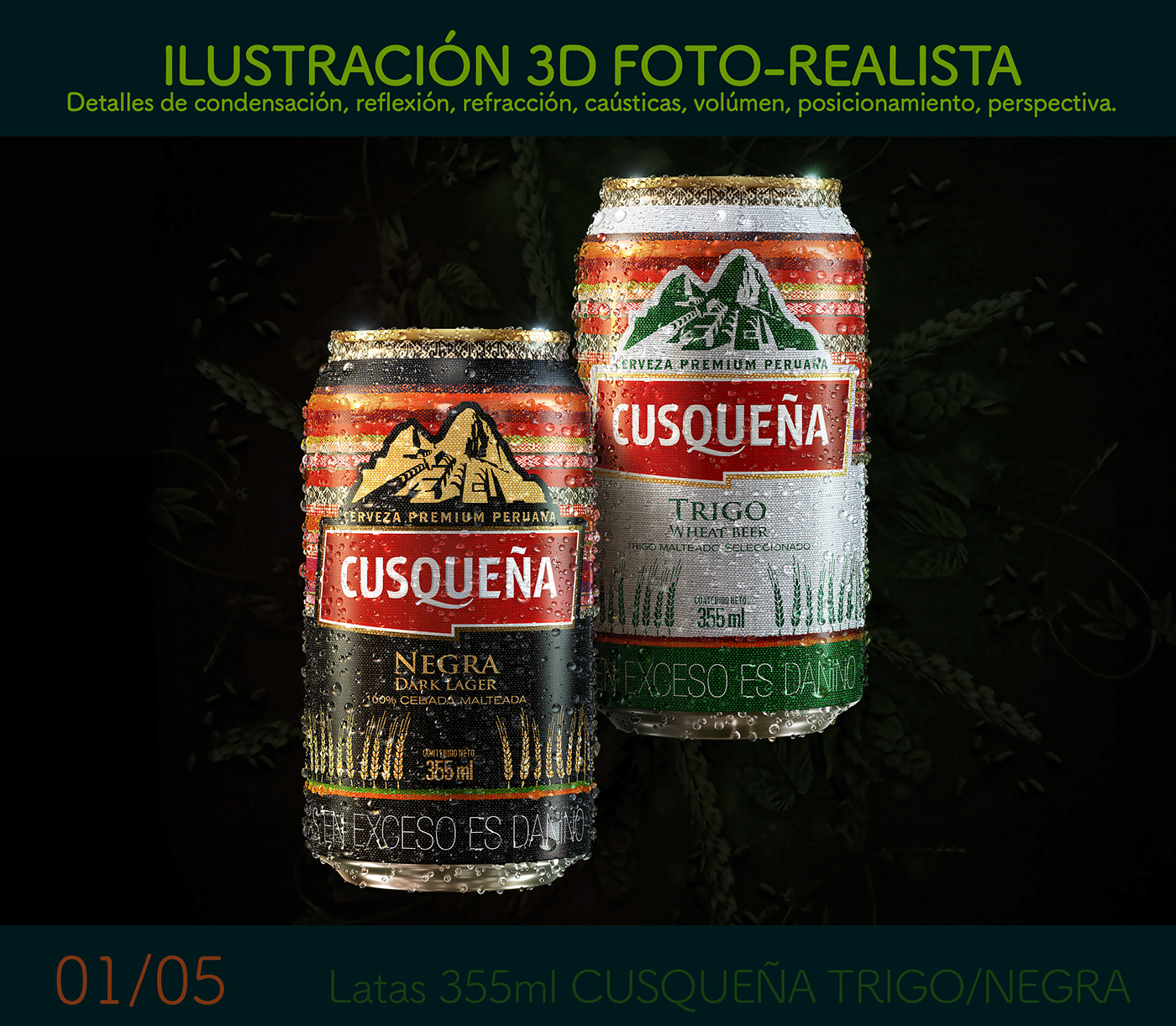 ilustracion 3D vfx modelado diseño lata cerveza Cusqueña Cristal Decheco peru condensación