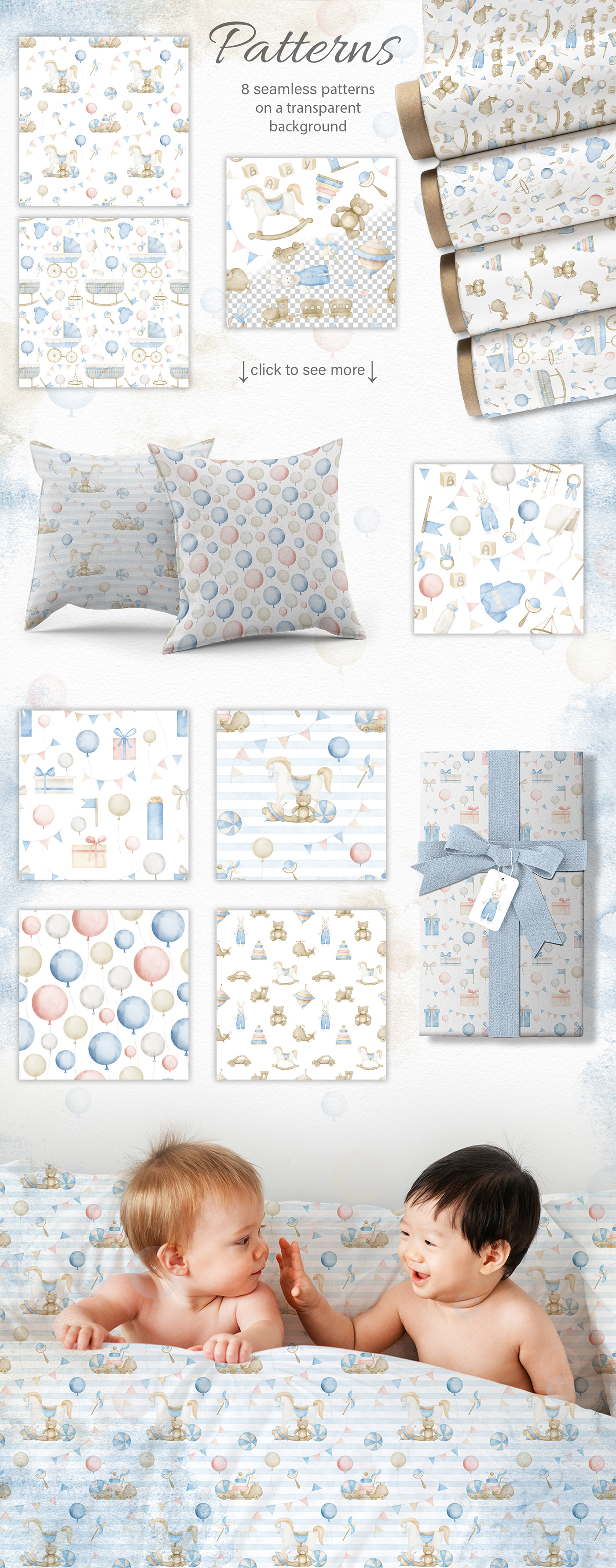Baby seamless patterns with retro toys. Watercolor prints in pastel colors